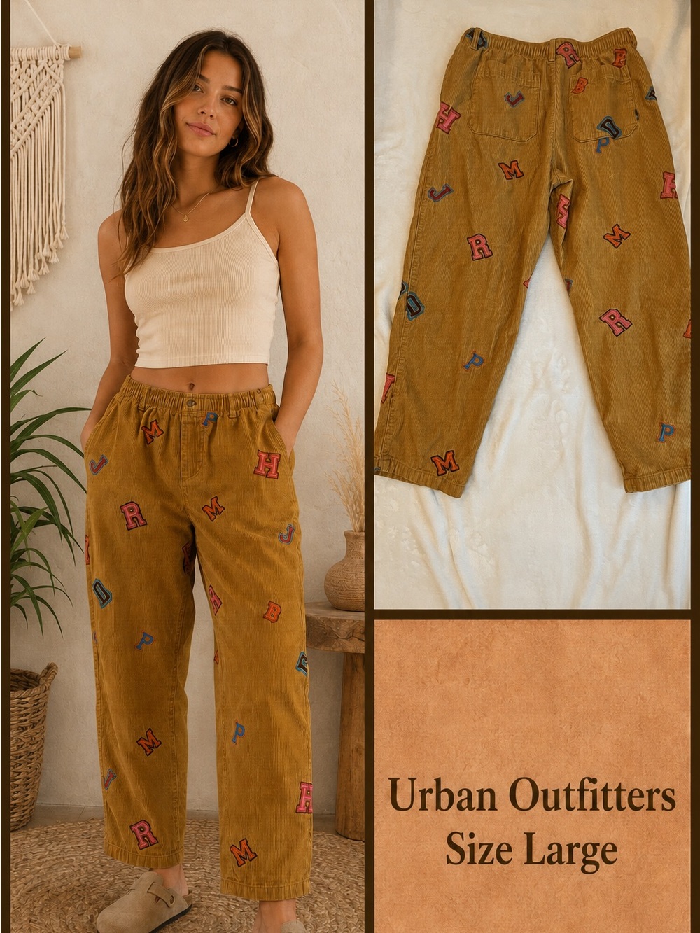 Urban Outfitters Mustard Corduroy varsity Embroidered Letter Pants - Large